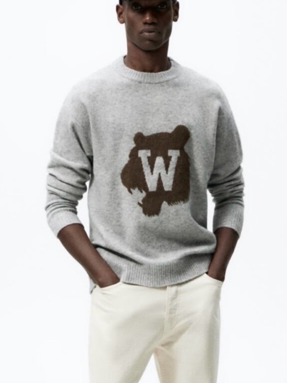 Zara Light Gray Crewneck Sweater with Brown Bear 'W' Motif